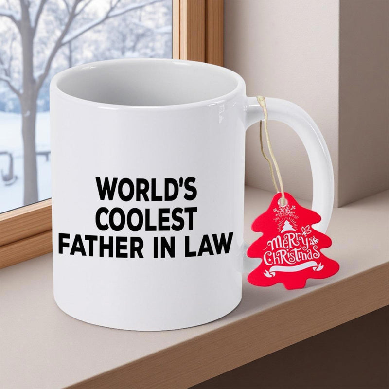 Tailorly White Ceramic 11 oz Mug - World's Coolest Father In Law Minimalist White Ceramic Drinkware Placed Near A Winter Window Mug