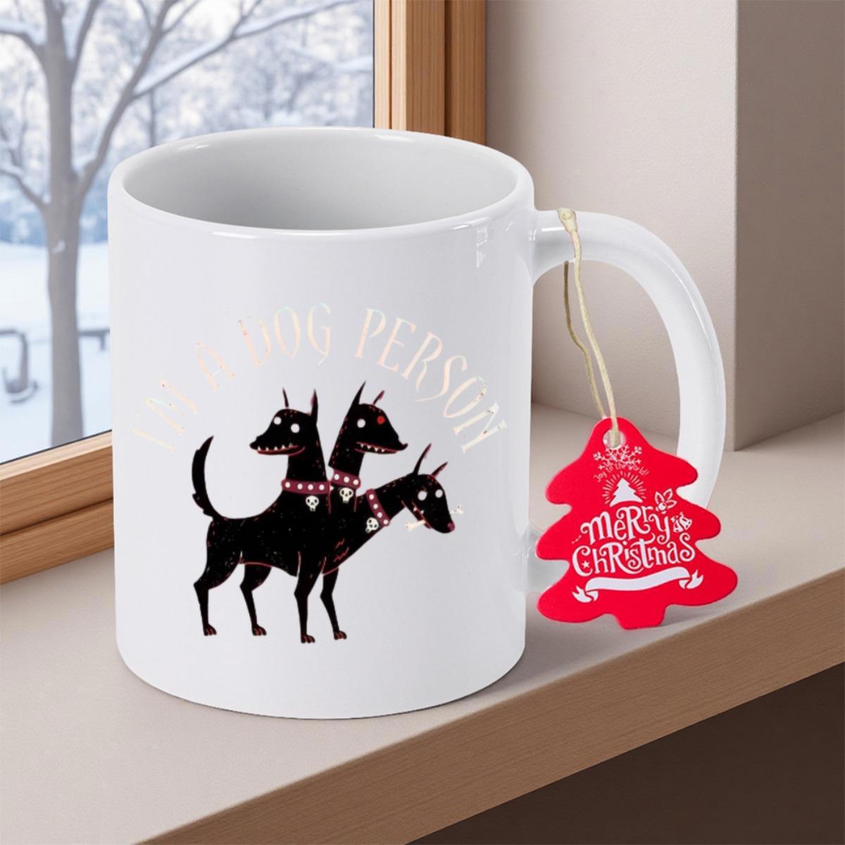 Tailorly White Ceramic 11 oz Mug - Dog Person Mythical Black Silhouette With Three Heads Wearing Red Studded Collars Cerberus