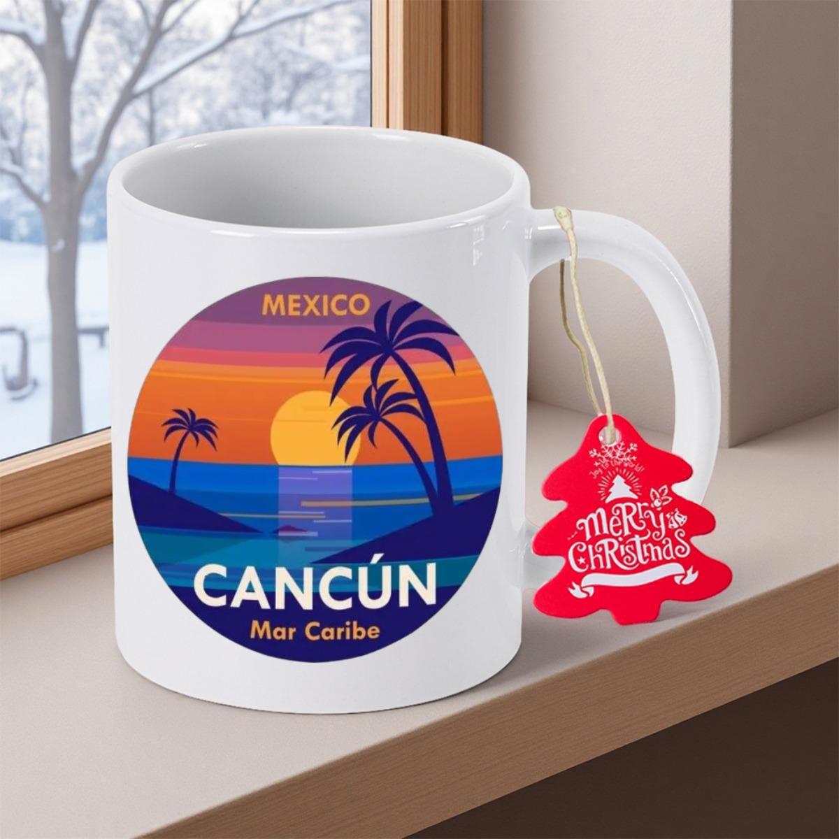 Tailorly White Ceramic 11 oz Mug - Mexico Cancun Vibrant Tropical Sunset With Tall Palm Trees Reflecting On Calming Ocean Scene