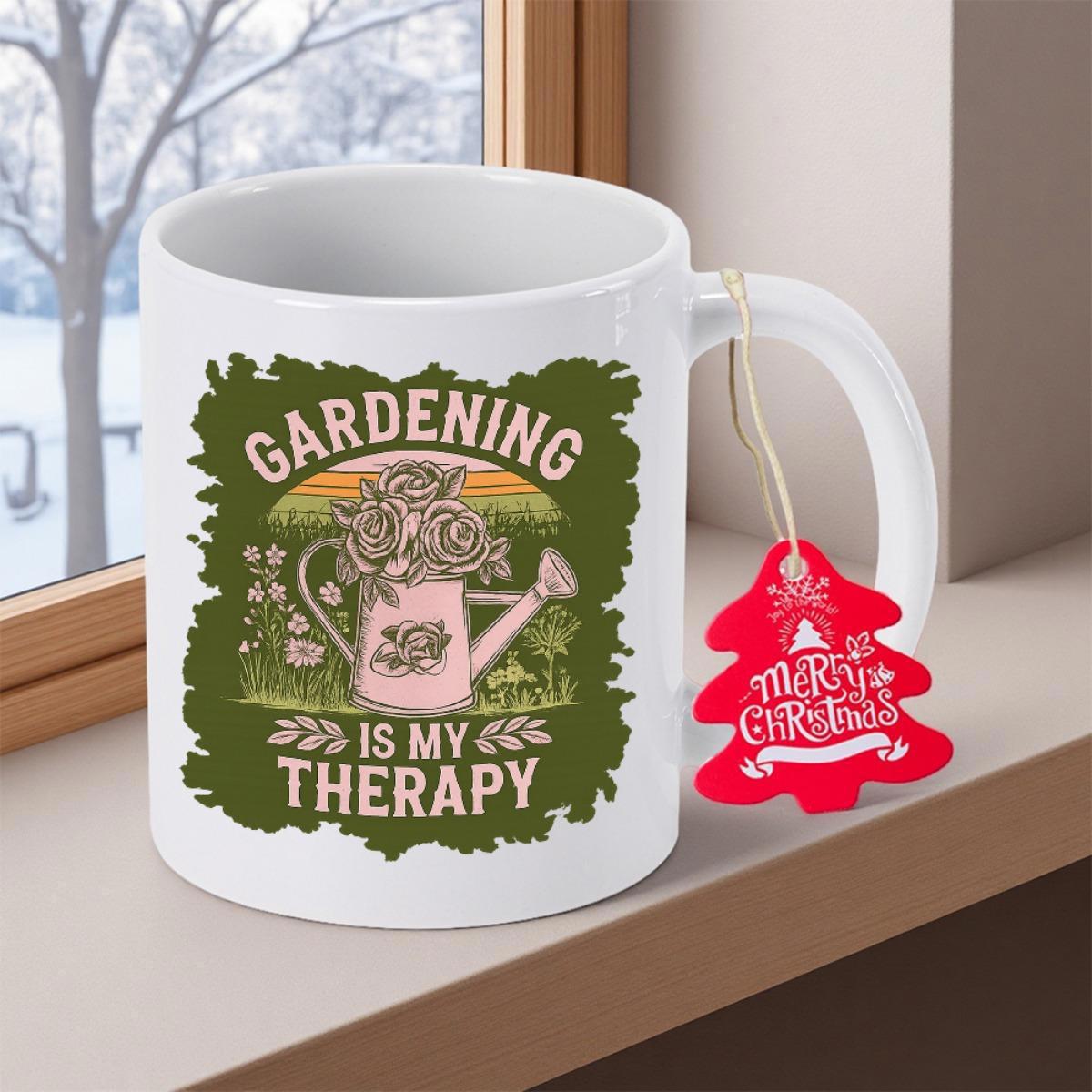 Tailorly White Ceramic 11 oz Mug - Gardening Is My Therapy Blooming Pink Flowers Nested Inside A Rustic Garden Themed Watering Can