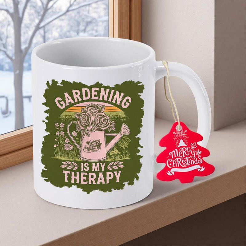 Tailorly White Ceramic 11 oz Mug - Gardening Is My Therapy Blooming Pink Flowers Nested Inside A Rustic Garden Themed Watering Can