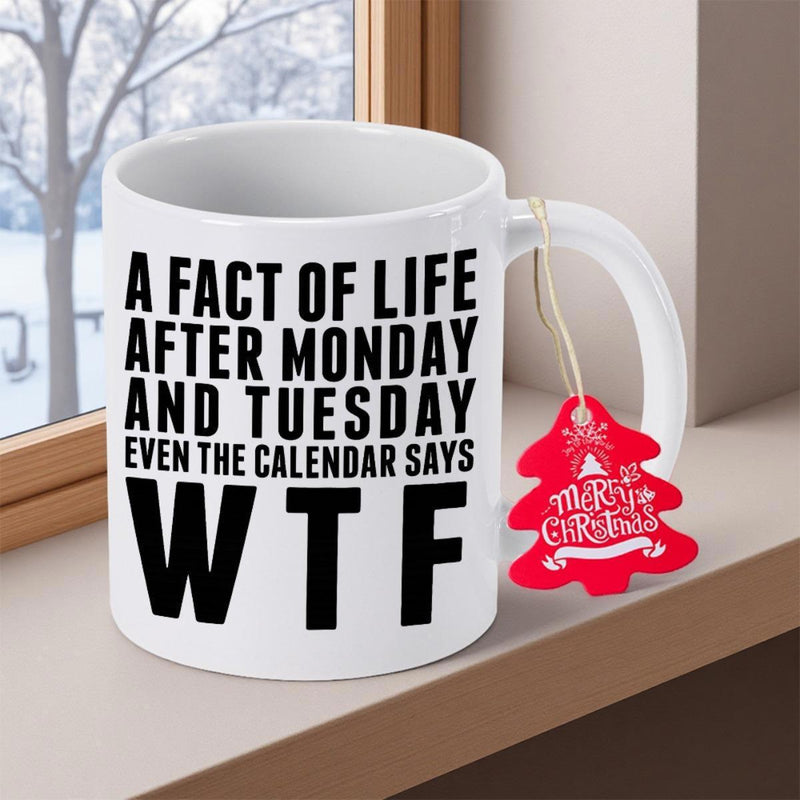 Tailorly White Ceramic 11 oz Mug - A Fact Of Life After Monday And Tuesday Even The Calendar Says WTF Merry Christmas Bold Minimalist Typography Printed On Clean