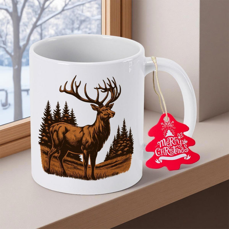 Tailorly White Ceramic 11 oz Mug - Merry Christmas Majestic Antlered Stag Standing Calmly Before Dense Forest Evergreen Trees Deer
