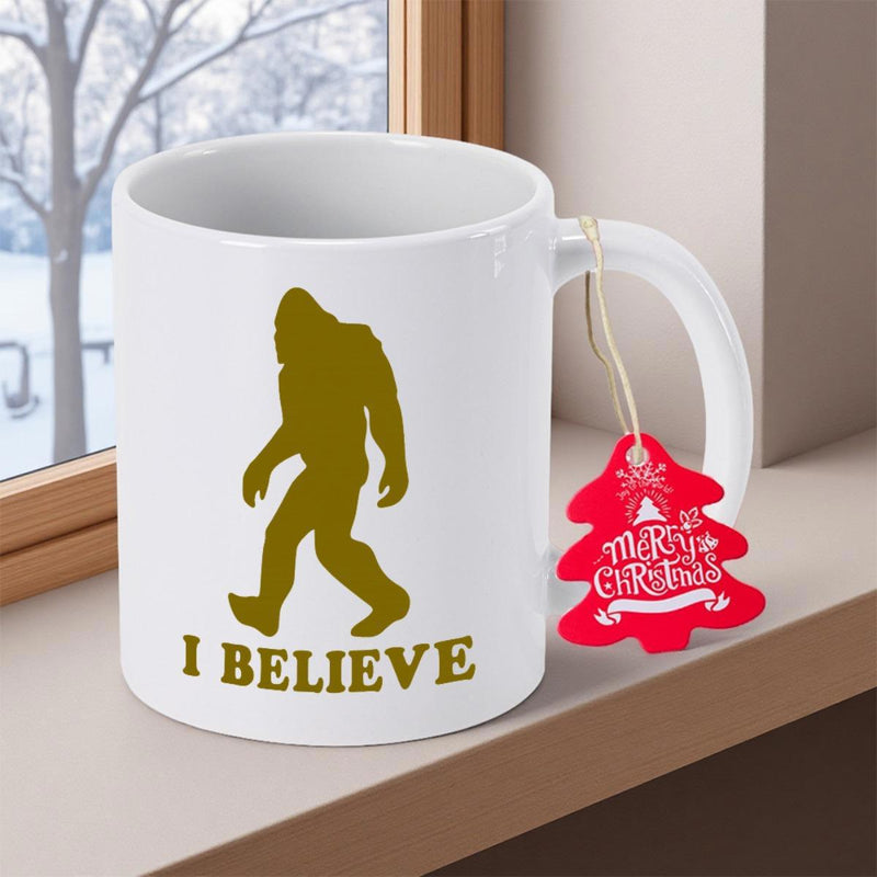 Tailorly White Ceramic 11 oz Mug - I Believe Golden Walking Silhouette Standing Amidst Wilderness And Nature Bigfoot