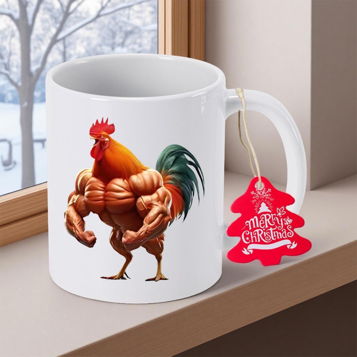 Tailorly White Ceramic 11 oz Mug - Merry Christmas Muscular Bodybuilder Style Bird With Strong Arms Standing On White Background Rooster