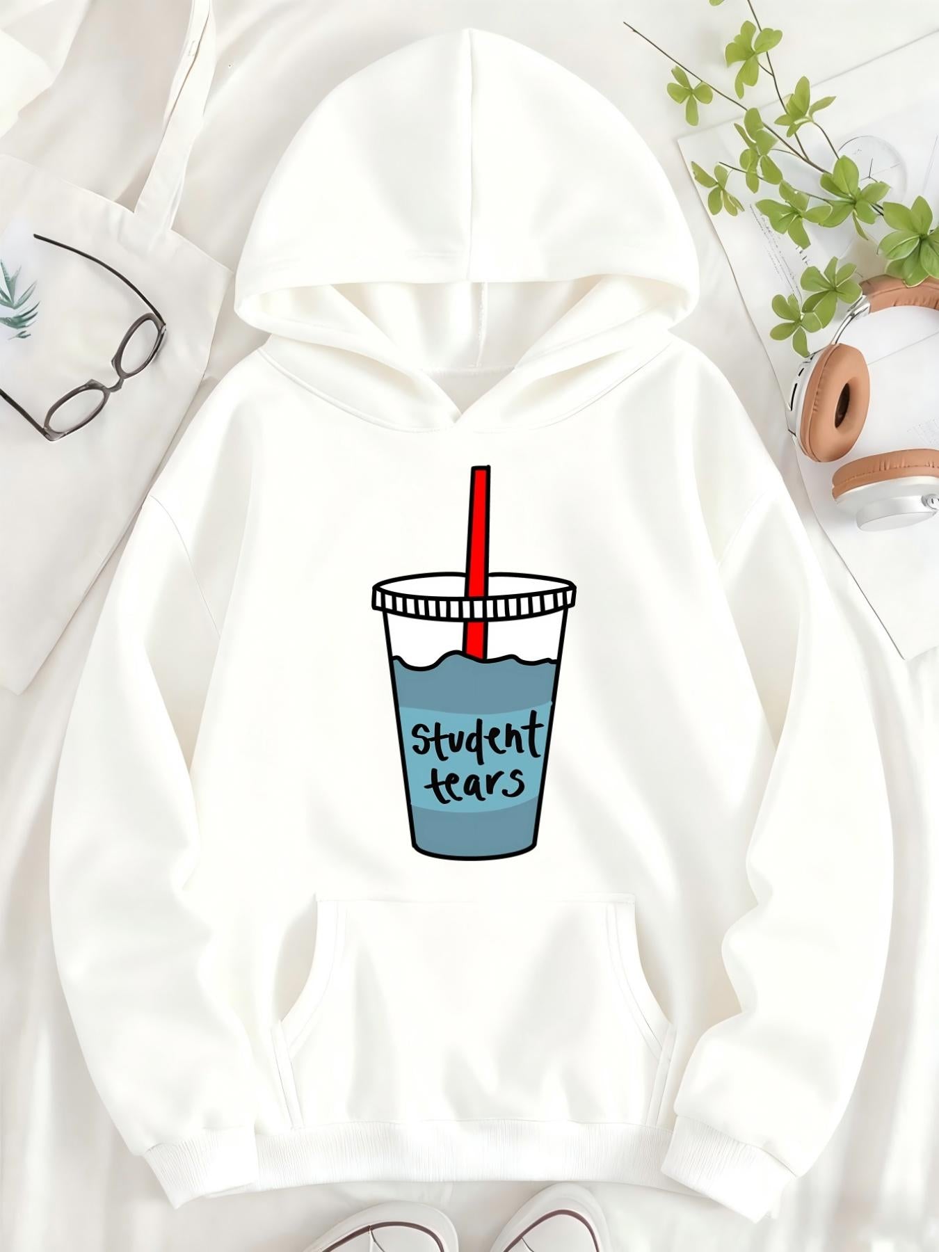 Tailorly Women's Printed Hoodie - Student Tears With Red Straw And Blue Drink Cup Illustration