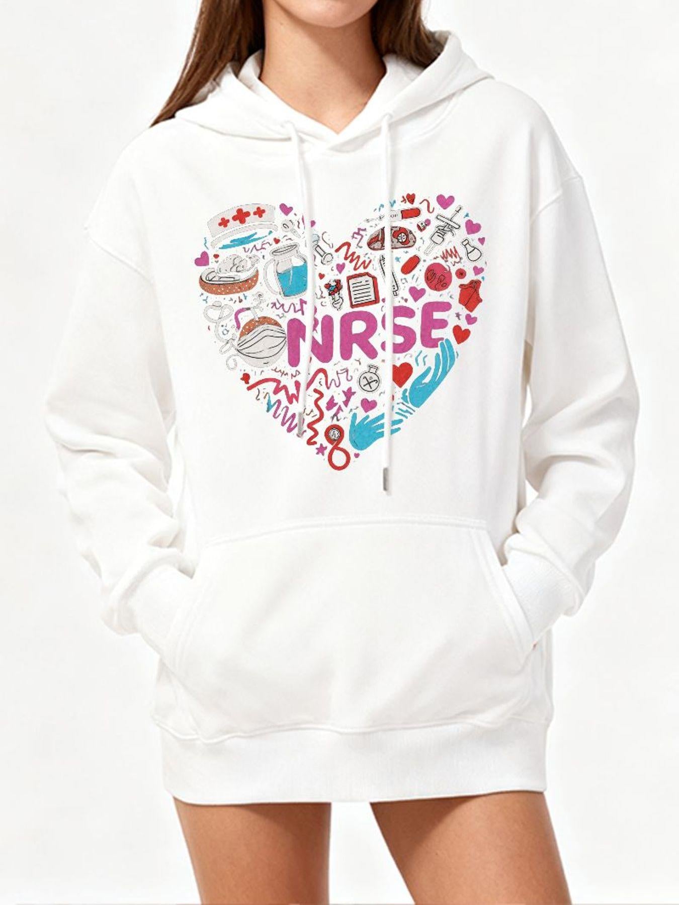 Tailorly Women's Printed Hoodie - Nurse Medical Icons And Colorful Pattern Inside Heart