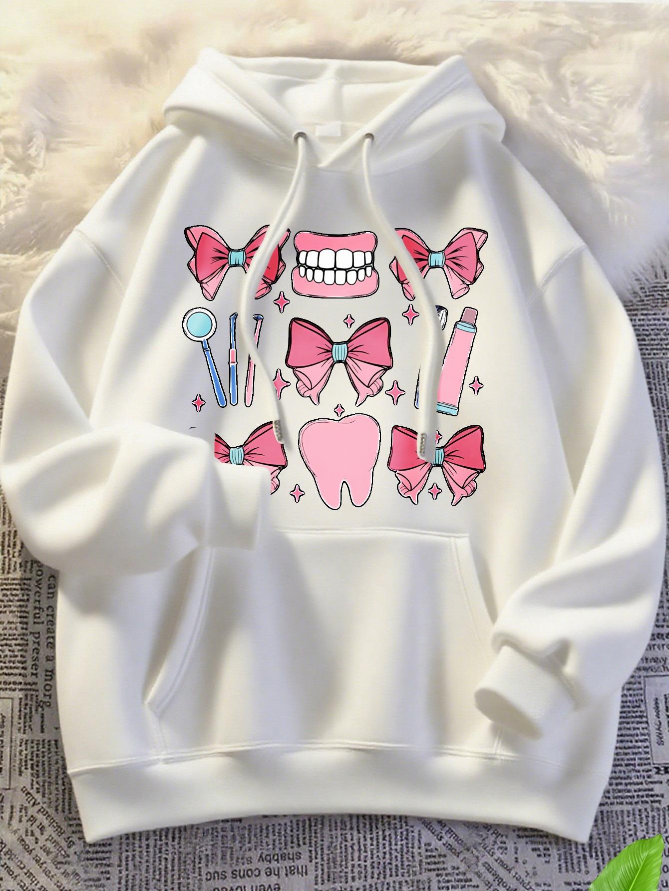 Tailorly Women's Printed Hoodie - Pink Bows Sparkling Tooth Motif With Cute Cartoon Elements