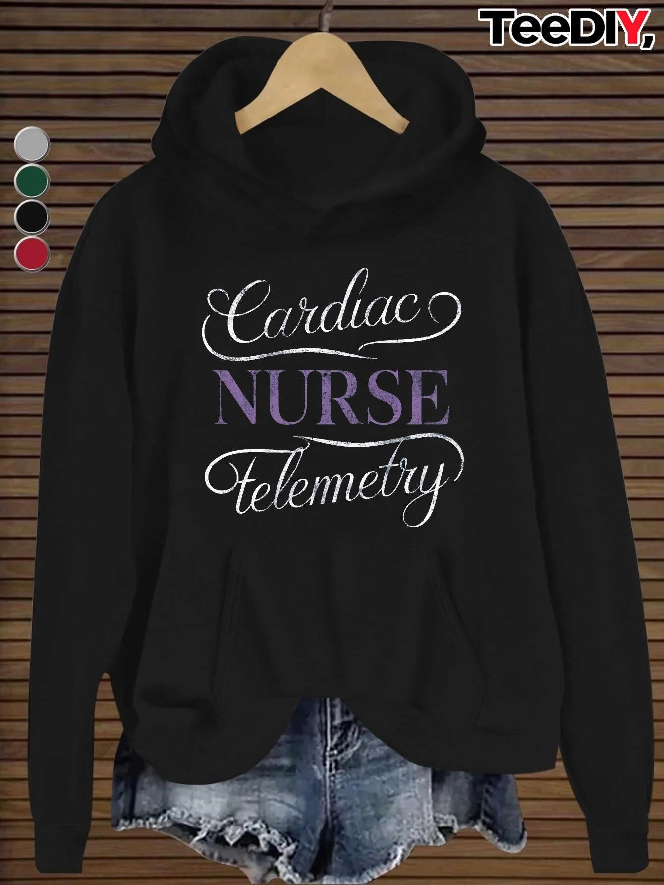 Tailorly Women's Printed Hoodie - Cardiac Nurse Telemetry With Classic Swirl Lettering Hoodie