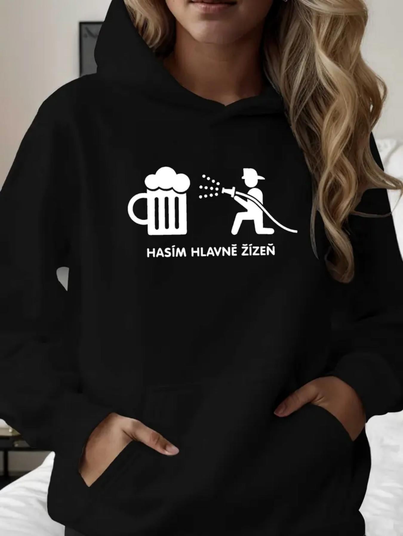 Tailorly Women's Printed Hoodie - Firefighter Spraying Water On Frothy Mug Of Beer Design
