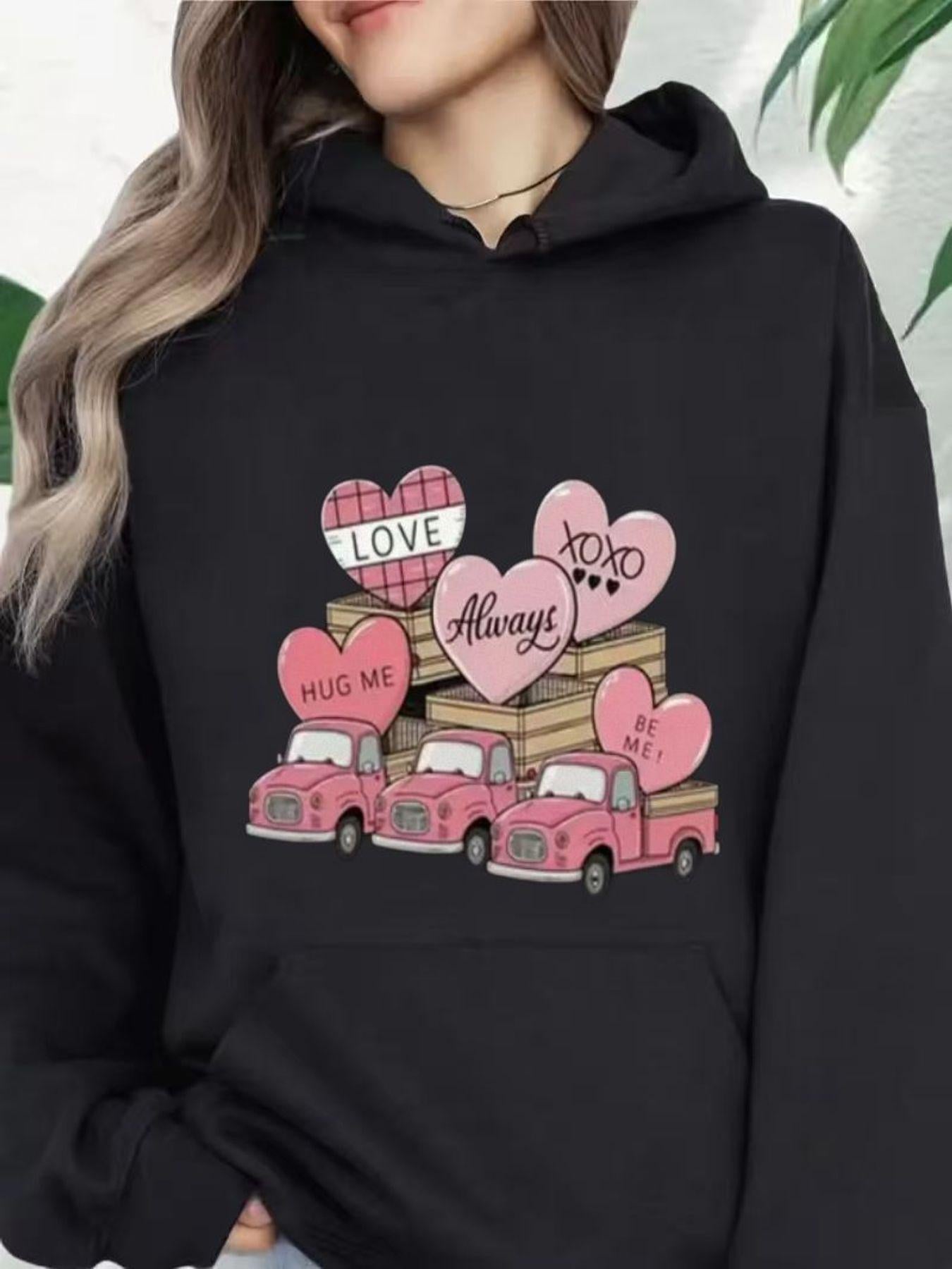 Tailorly Women's Printed Hoodie - Love Marry Hug Me Plaid Hearts With Pink Trucks Under Sweet Candy Shapes Truck