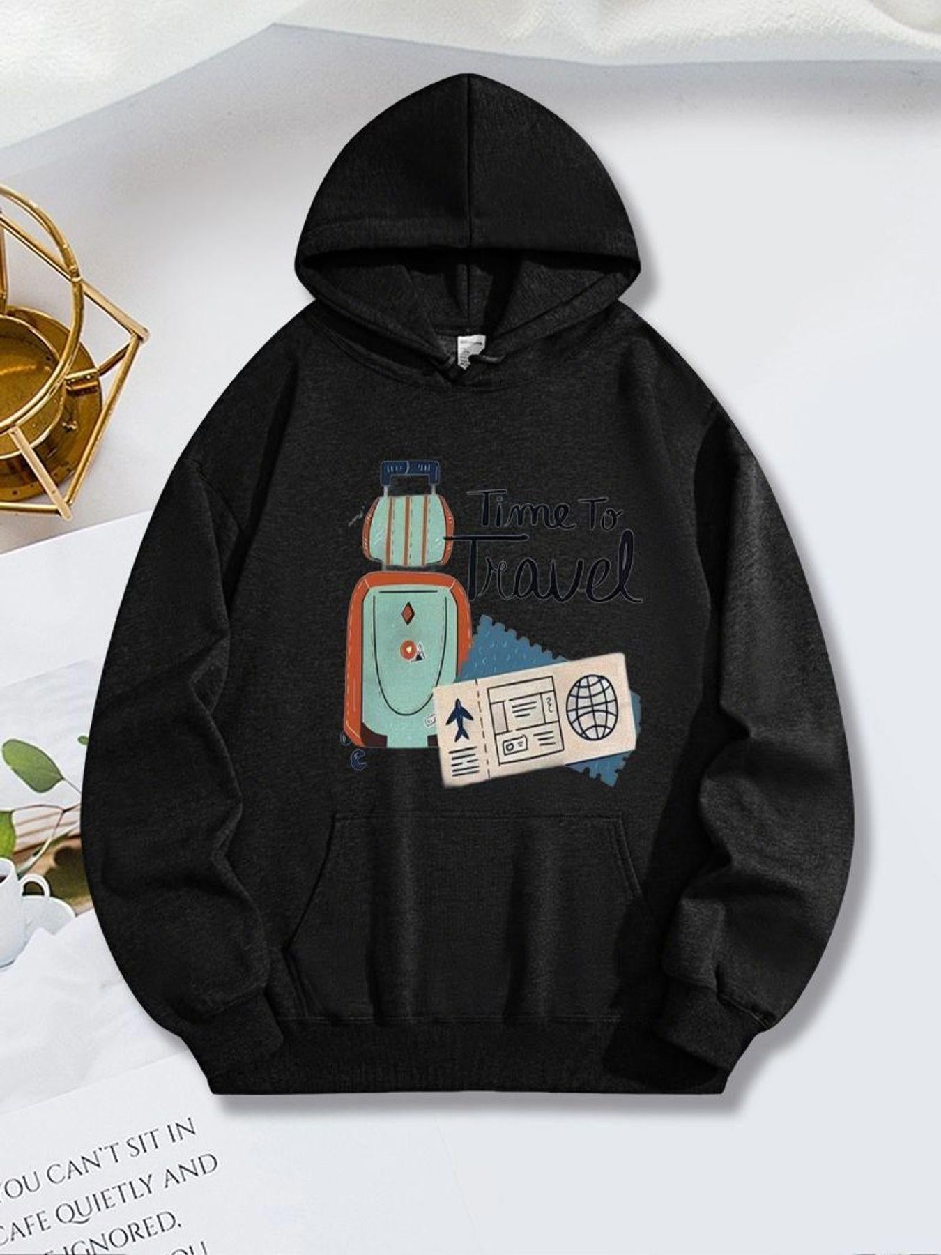 Tailorly Women's Printed Hoodie - Travel With Modern Suitcase And Luggage Tag Among Doodle Drawings Suitcase