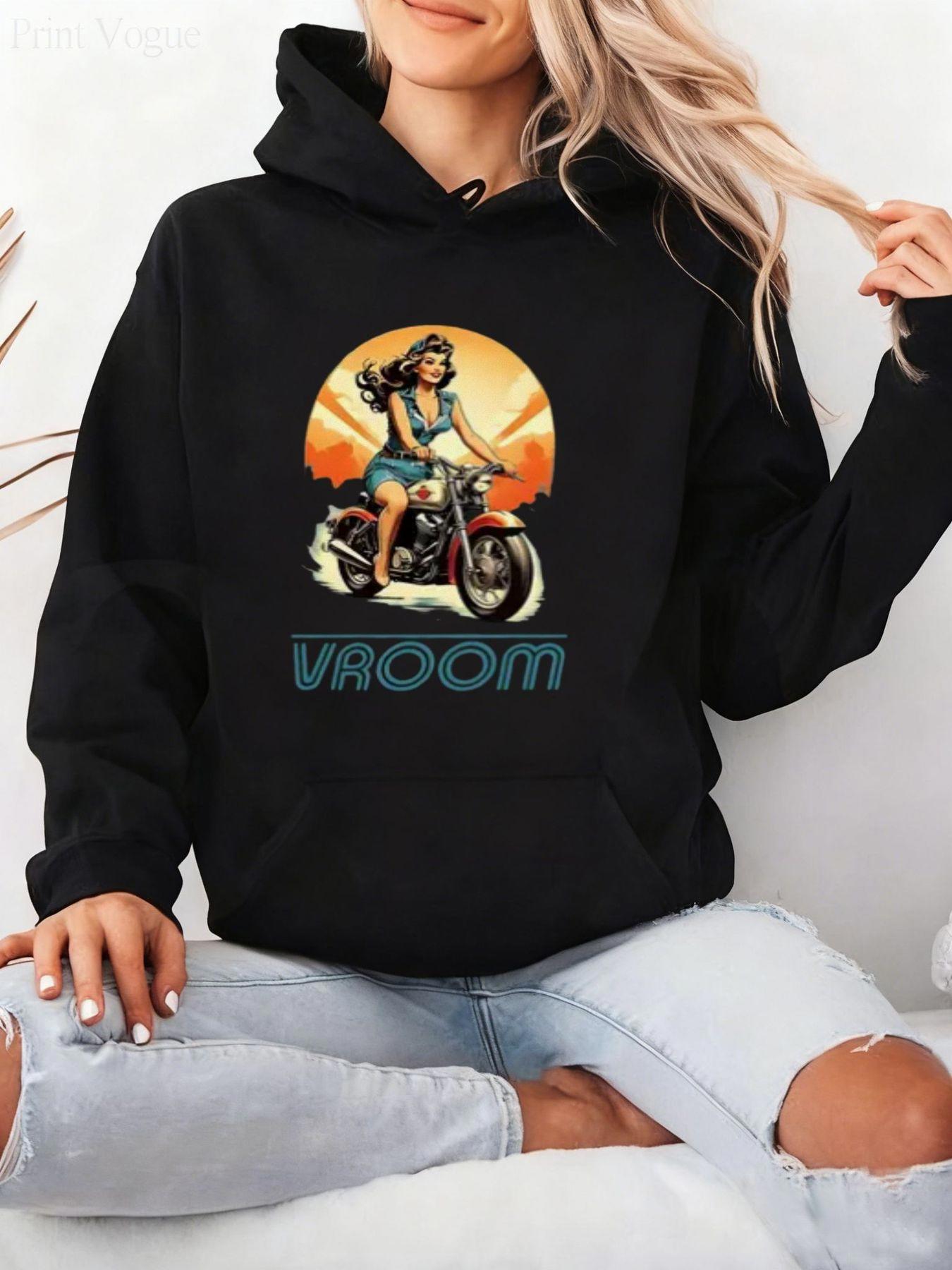 Tailorly Women's Printed Hoodie - Vroom Retro Sun With Classic Motorcycle Rider Artwork
