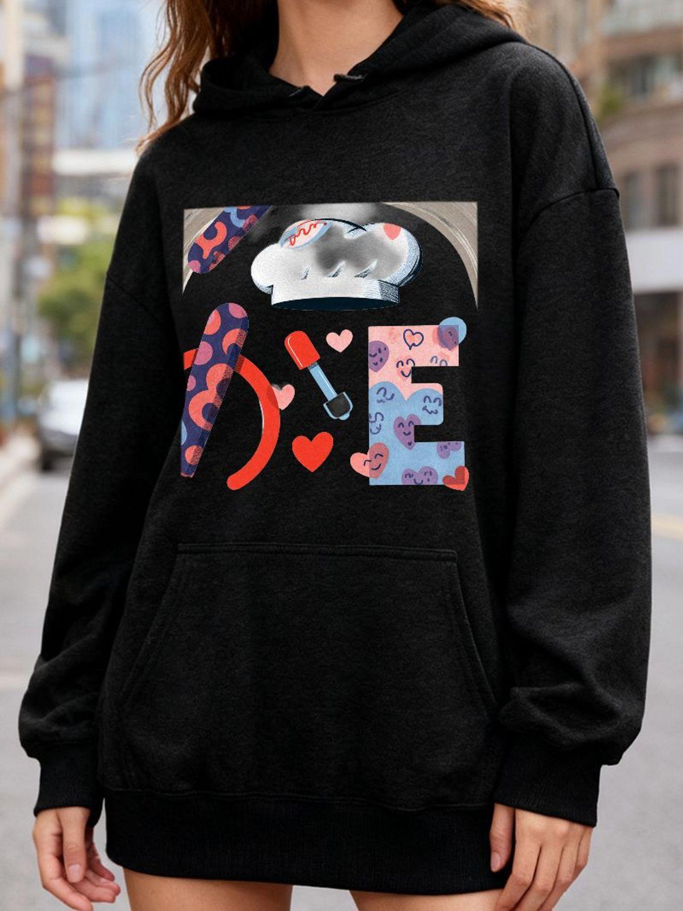 Tailorly Women's Printed Hoodie - Colorful Cloud And Hearts With Playful Patterned Letters Love