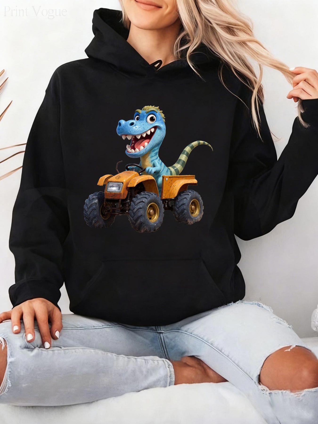 Tailorly Women's Printed Hoodie - Playful Dinosaur Driving Yellow Toy Car Under Clear Sky