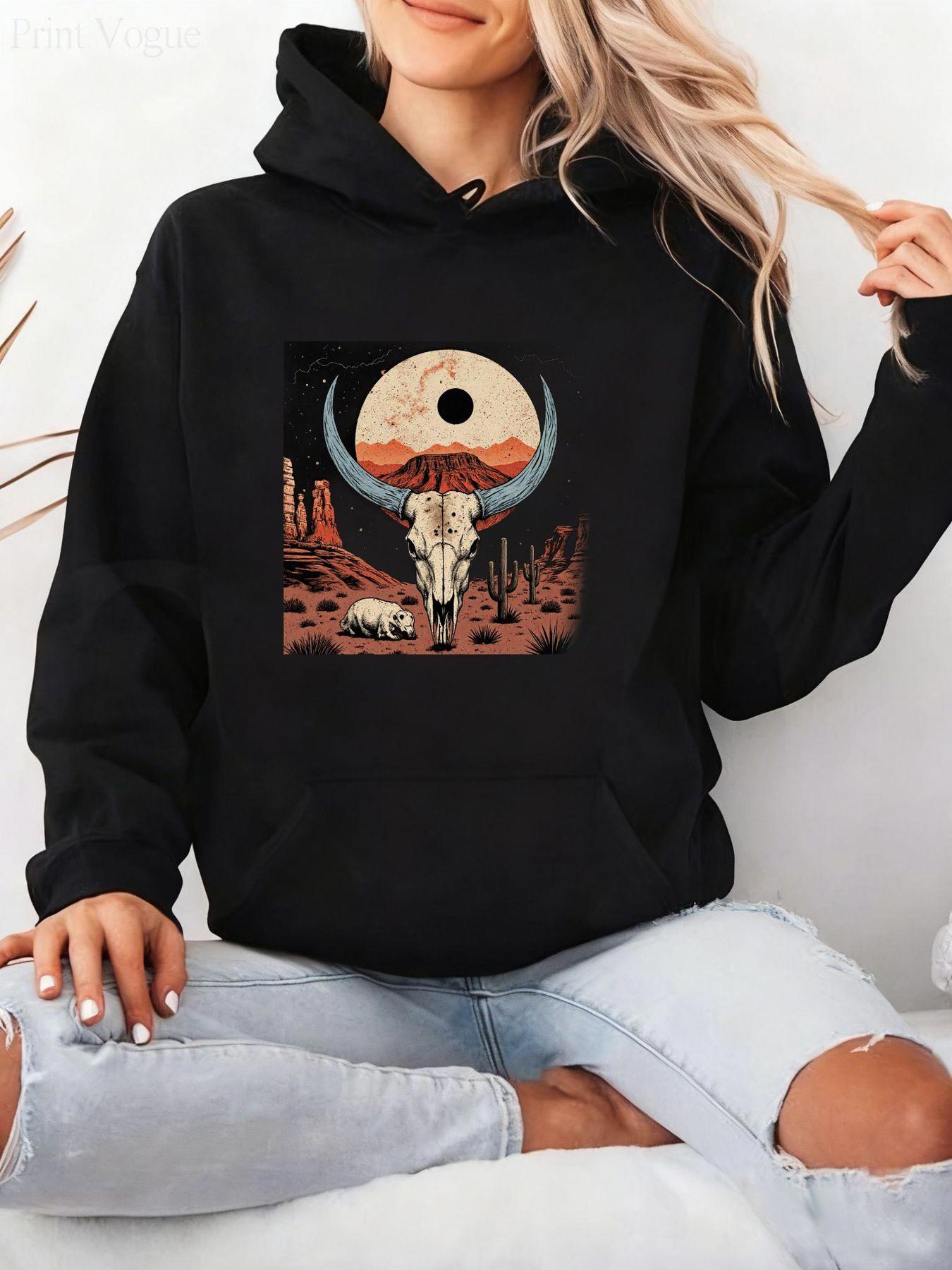 Tailorly Women's Printed Hoodie - Western Desert Landscape With Full Moon And Longhorn Skull