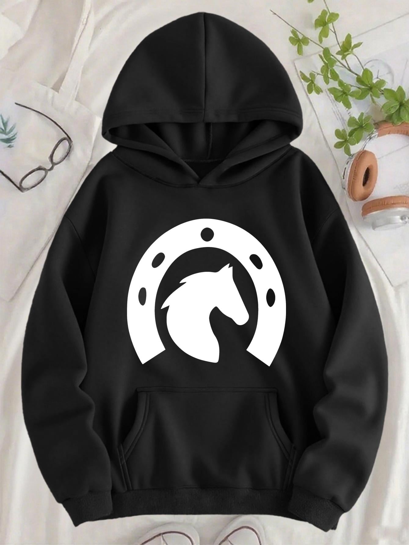Tailorly Women's Printed Hoodie - Minimal Art With Bold Horseshoe Frame Around Silhouette Horse