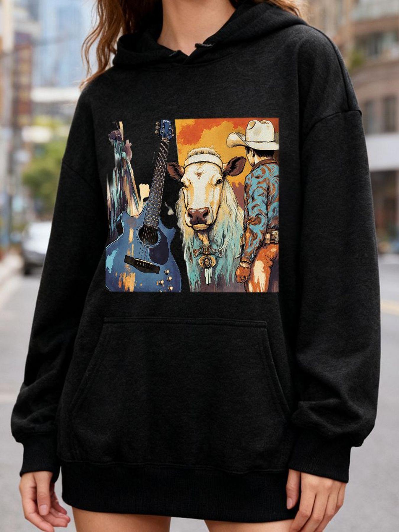 Tailorly Women's Printed Hoodie - Western Landscape With Cowboy Guitar And White Bull