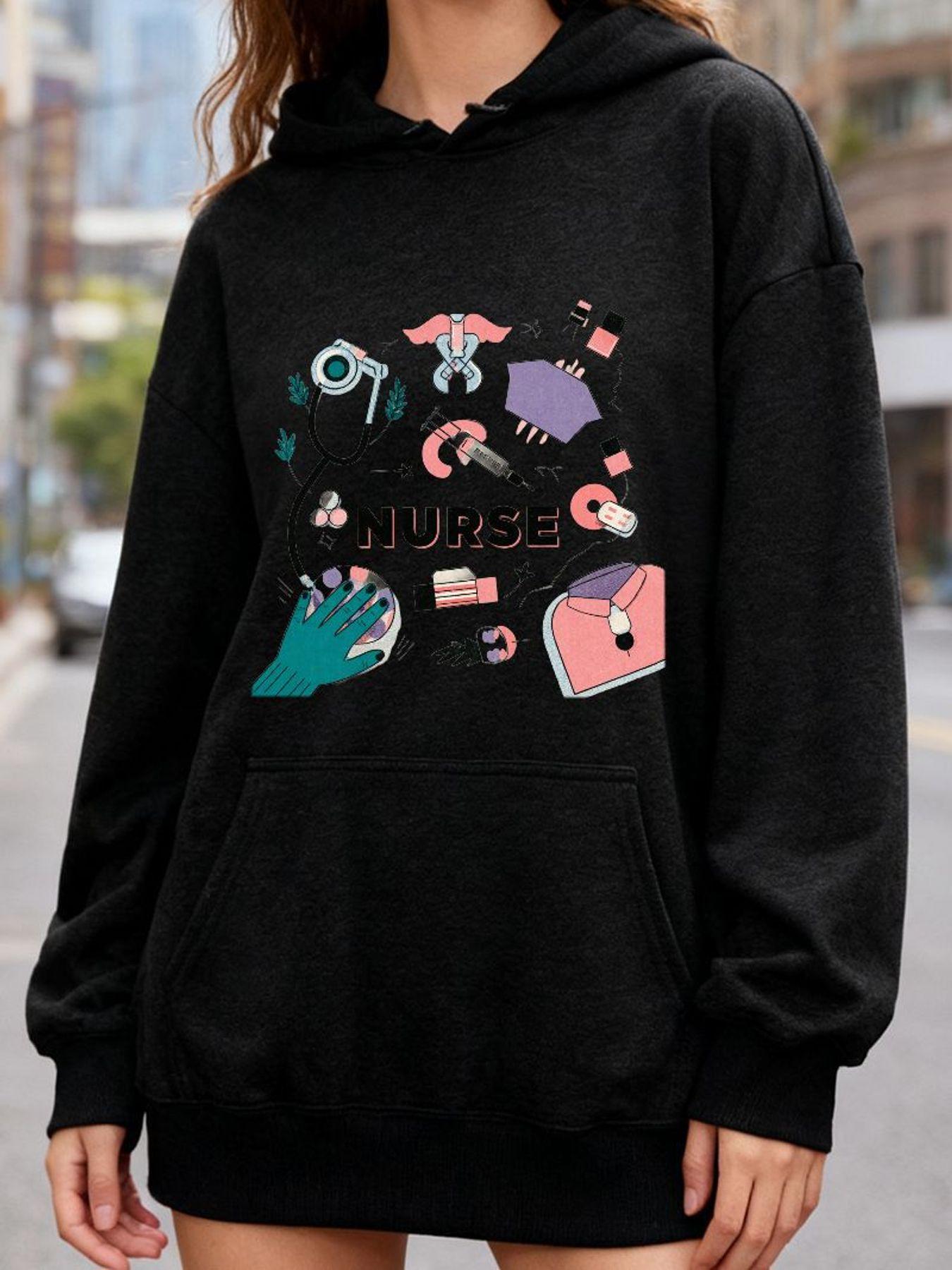 Tailorly Women's Printed Hoodie - Nurse Medical Tools Stethoscope And Accessories Among Pastel Illustrations Nurse