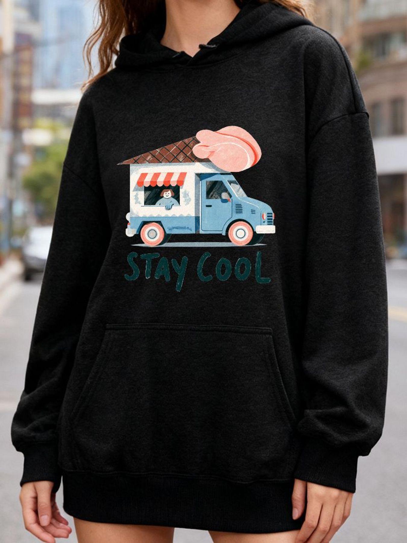 Tailorly Women's Printed Hoodie - Stay Cool Ice Cream Truck With Chocolate And Giant Pink Scoop