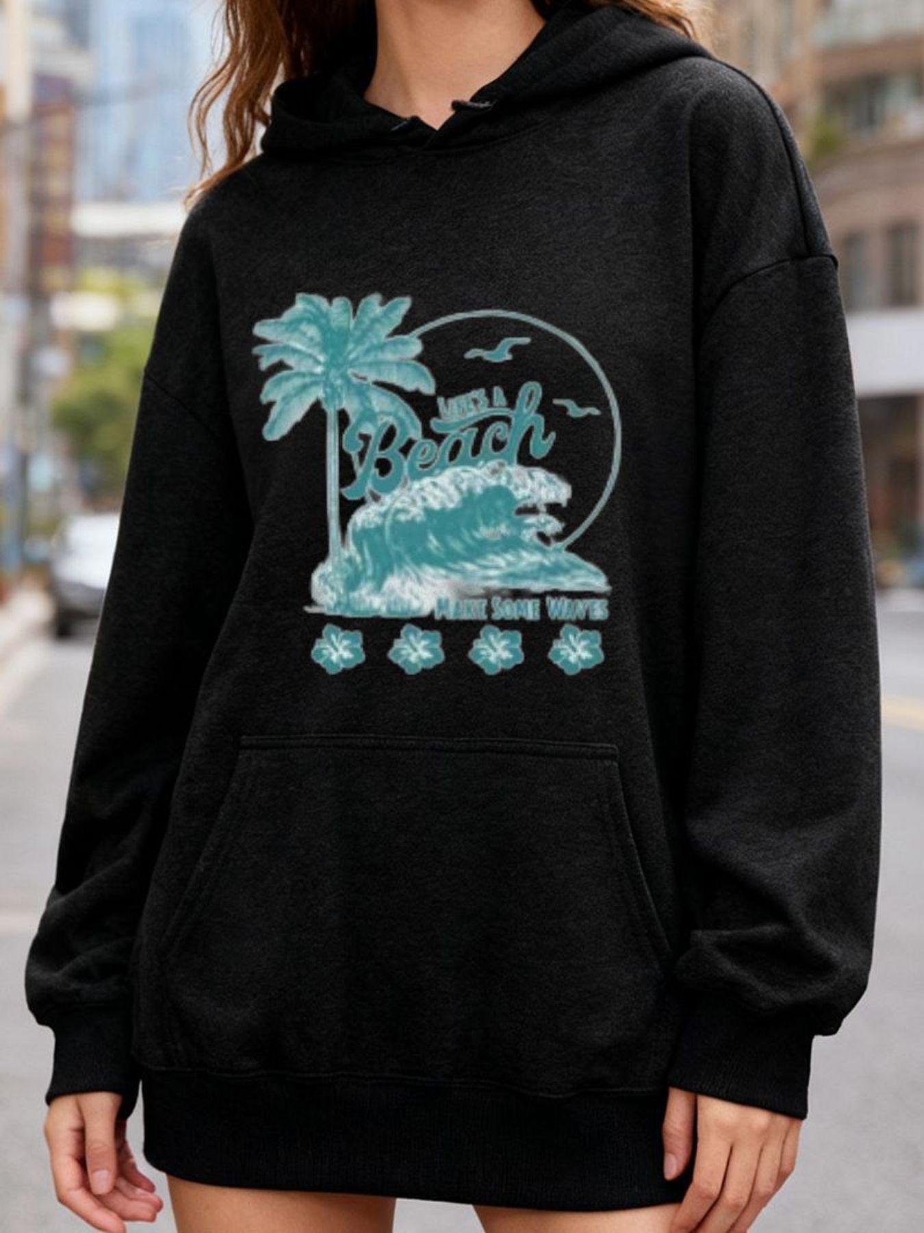 Tailorly Women's Printed Hoodie - Palm Tree With Ocean Waves Under Full Moon Beach Car