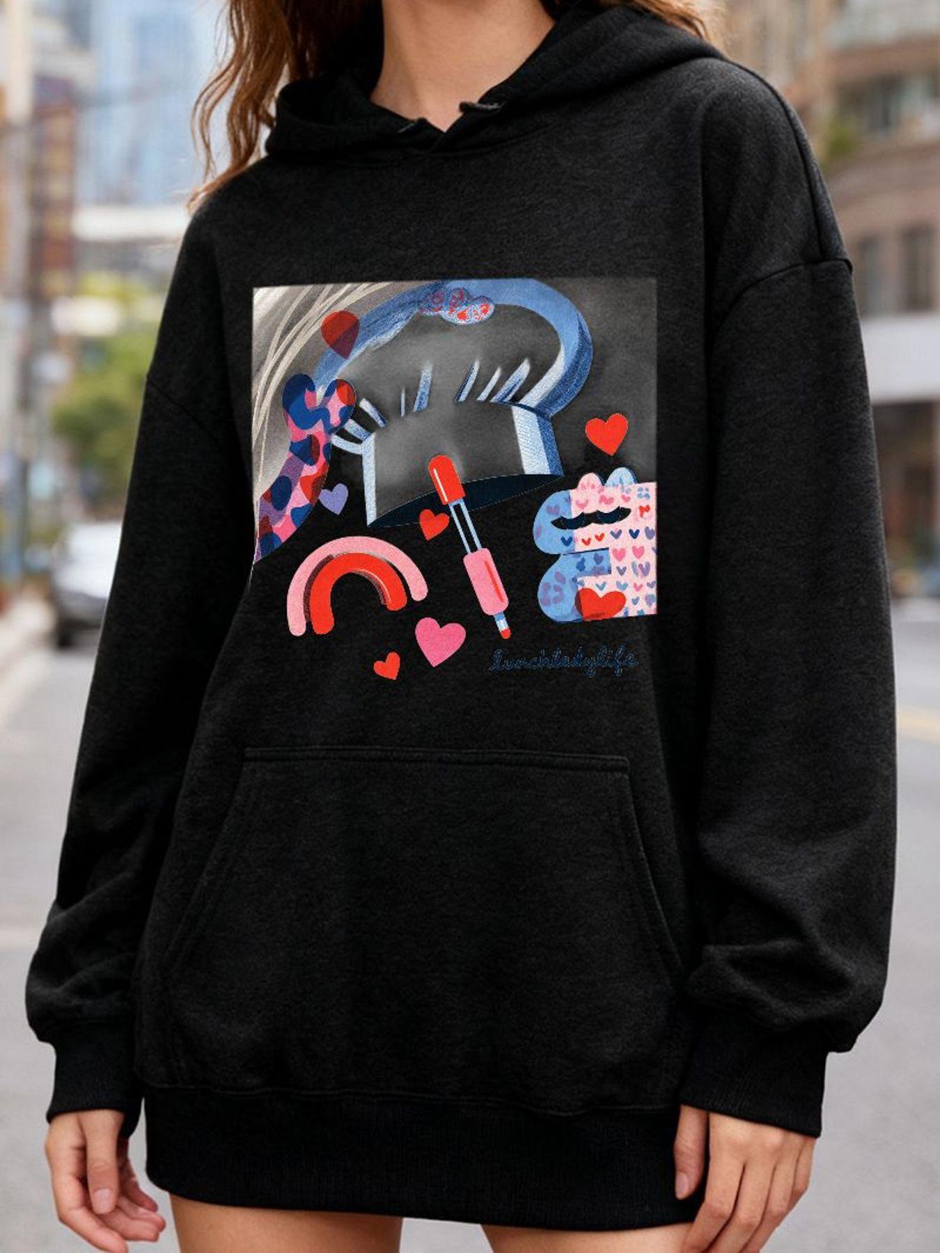 Tailorly Women's Printed Hoodie - Abstract Colorful Hearts And Clouds With Urban Symbols Hoodie