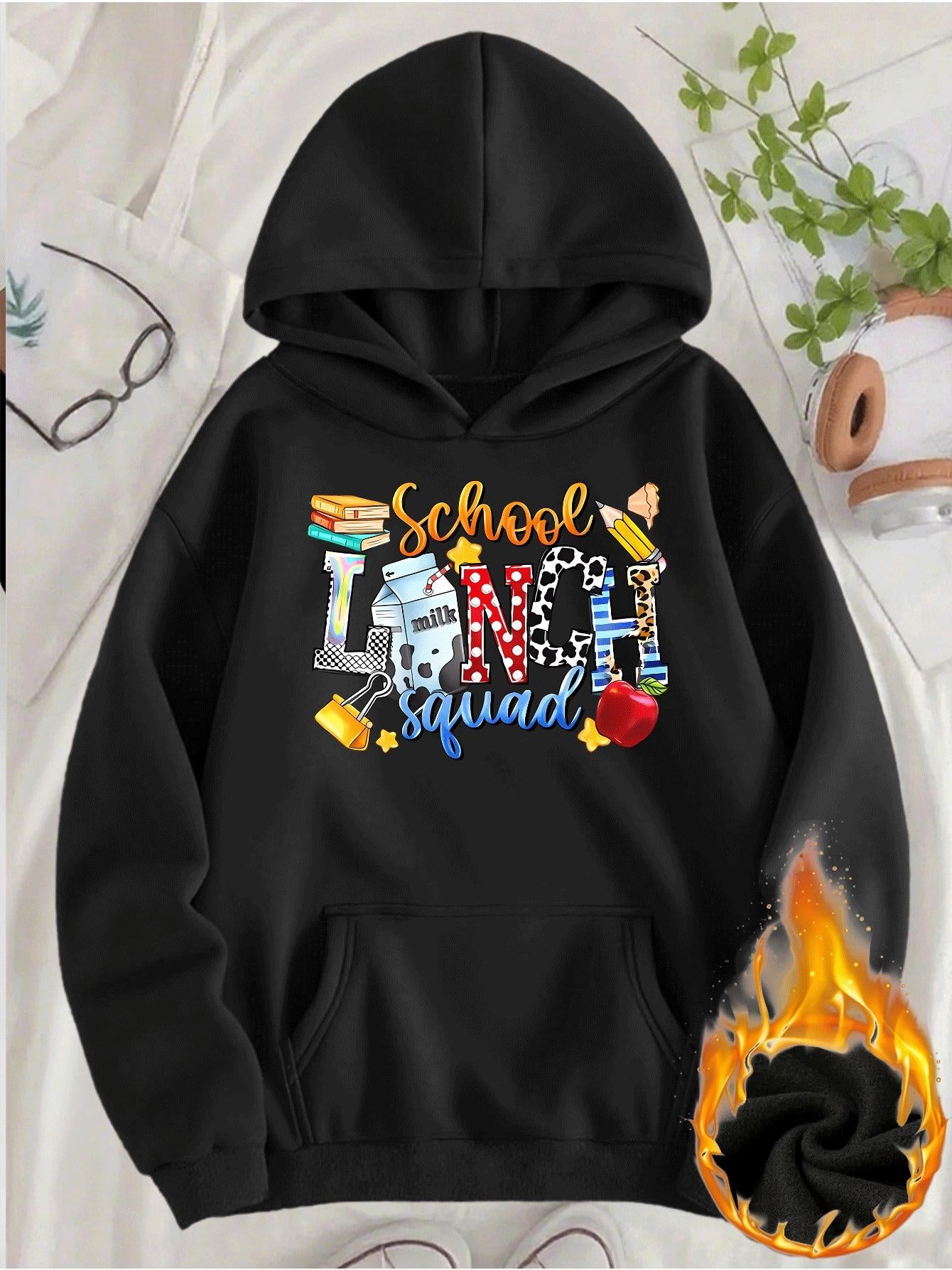 Tailorly Women's Printed Hoodie - School Lunch Squad With Food And Playful Colorful Letters Hoodie