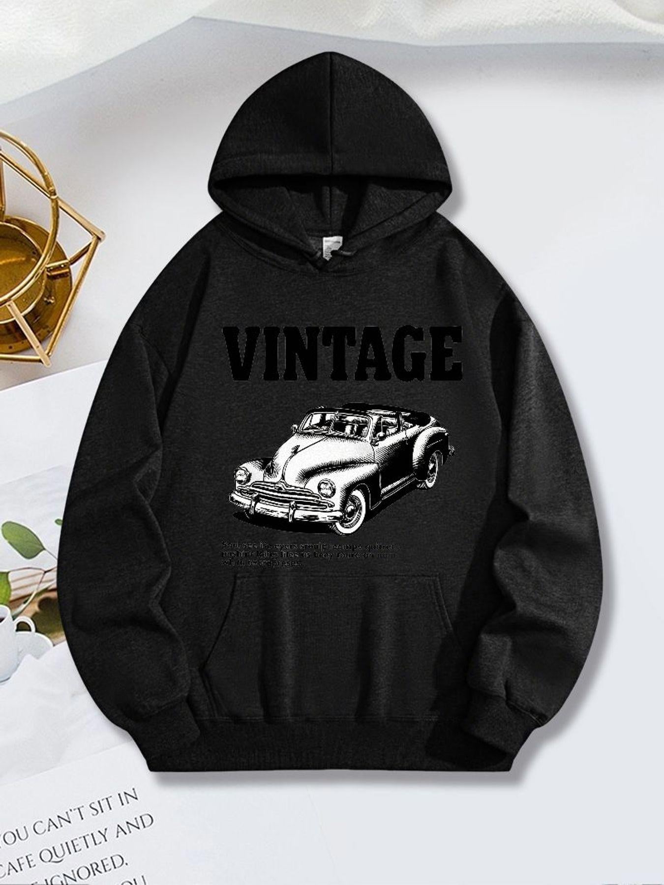 Tailorly Women's Printed Hoodie - Vintage Classic Retro Style Car With Shaded Monochrome Illustration Car