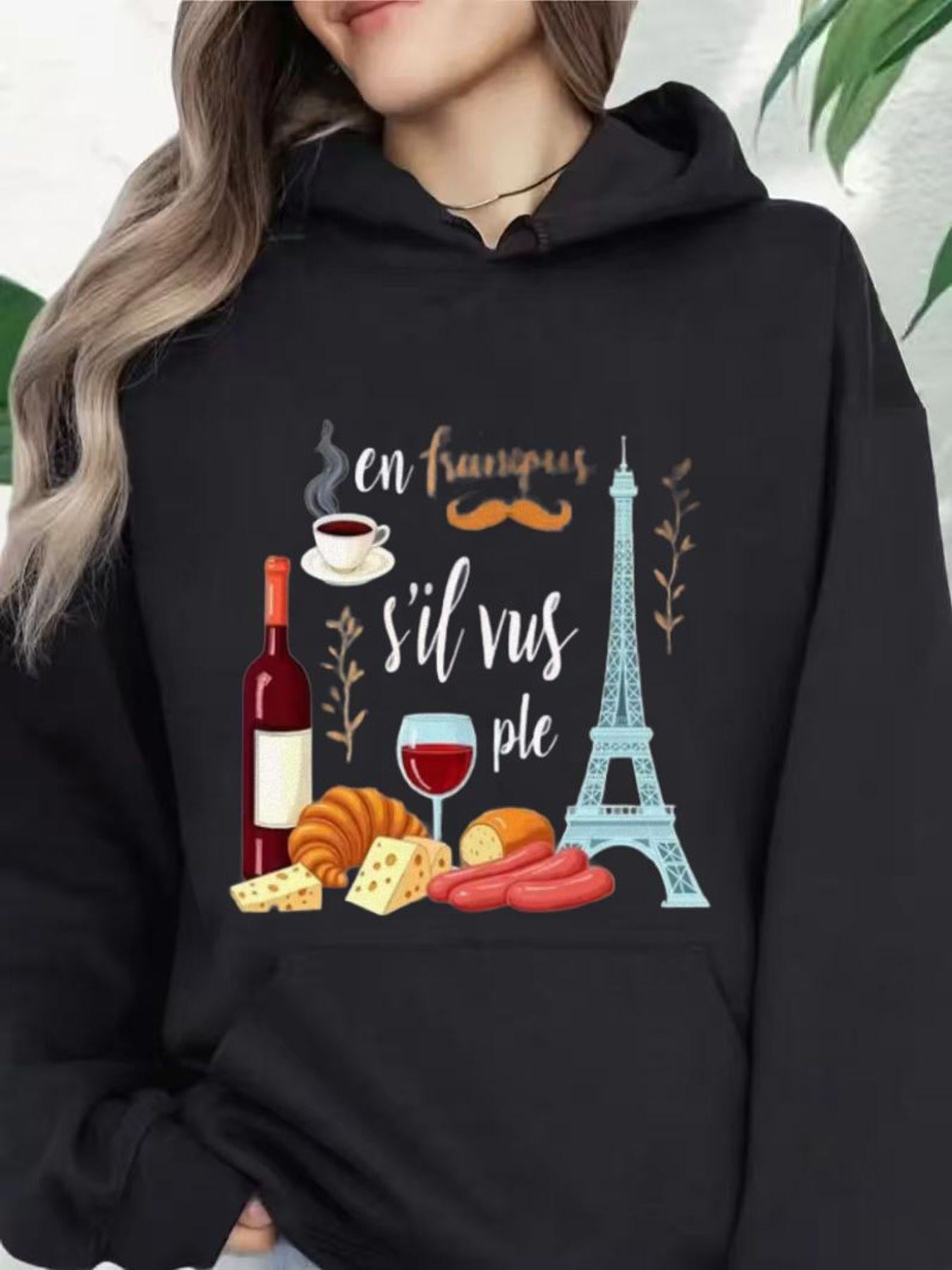 Tailorly Women's Printed Hoodie - Wine Cheese And Pastries Under Paris Skyline Eiffel Tower