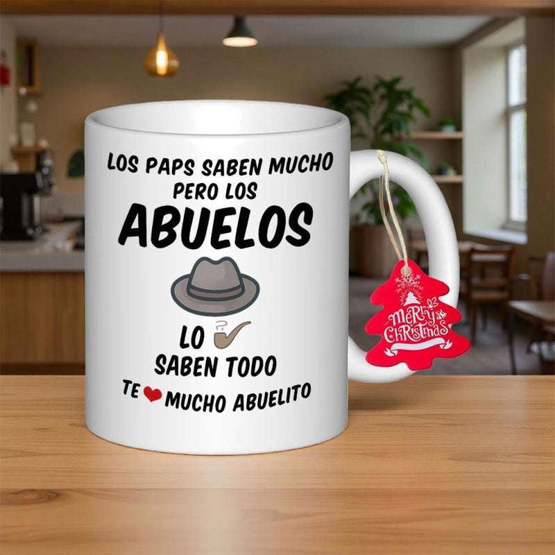 Tailorly White Ceramic 11 oz Mug - Merry Christmas Classic Grey Fedora With Smoking Pipe And Small Red Heart Hat