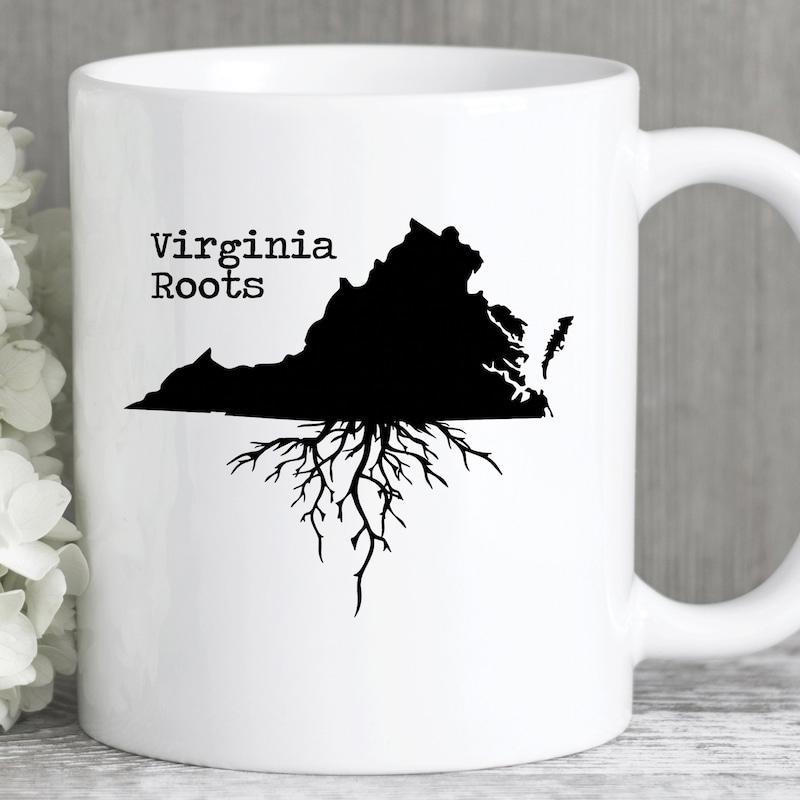 Tailorly White Ceramic 11 oz Mug - Virginia Roots Black State Silhouette Growing Intricate Tangled Underground Branching Tree Roots Map