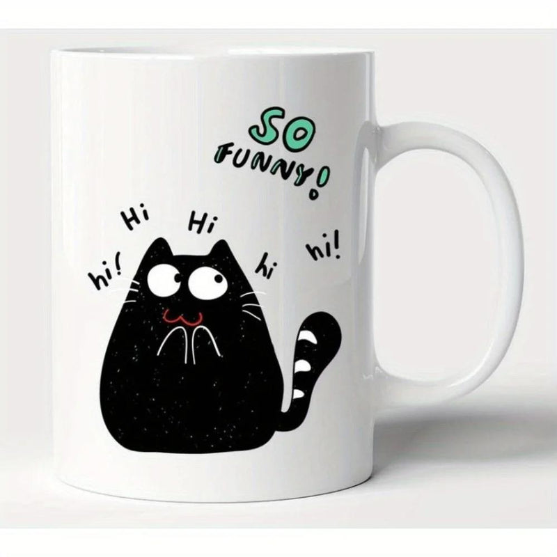 Tailorly White Ceramic 11 oz Mug - So Funny Hi Chubby Black Cartoon Cat With Large Googly Eyes And Striped Tail Cat