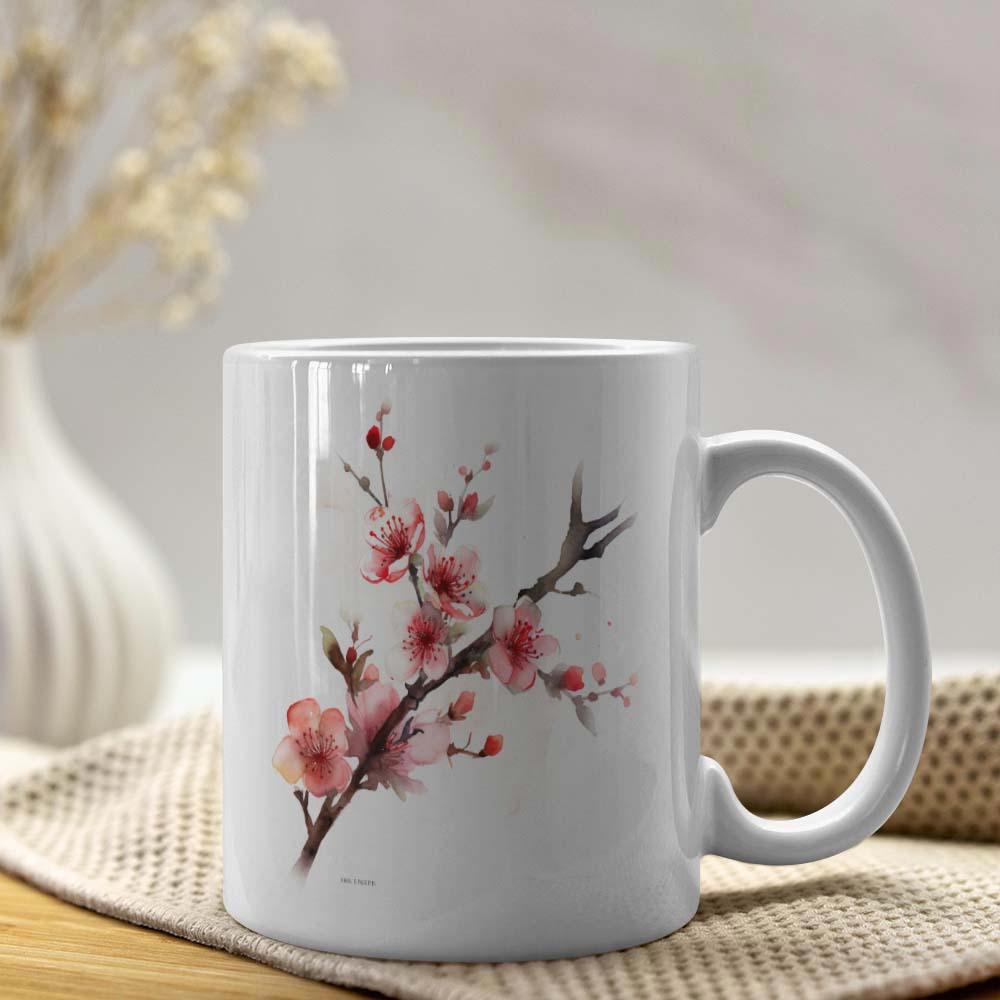 Tailorly White Ceramic 11 oz Mug - Elegant Pink Watercolor Cherry Blossoms Growing From A Delicate Flowering Tree Branch
