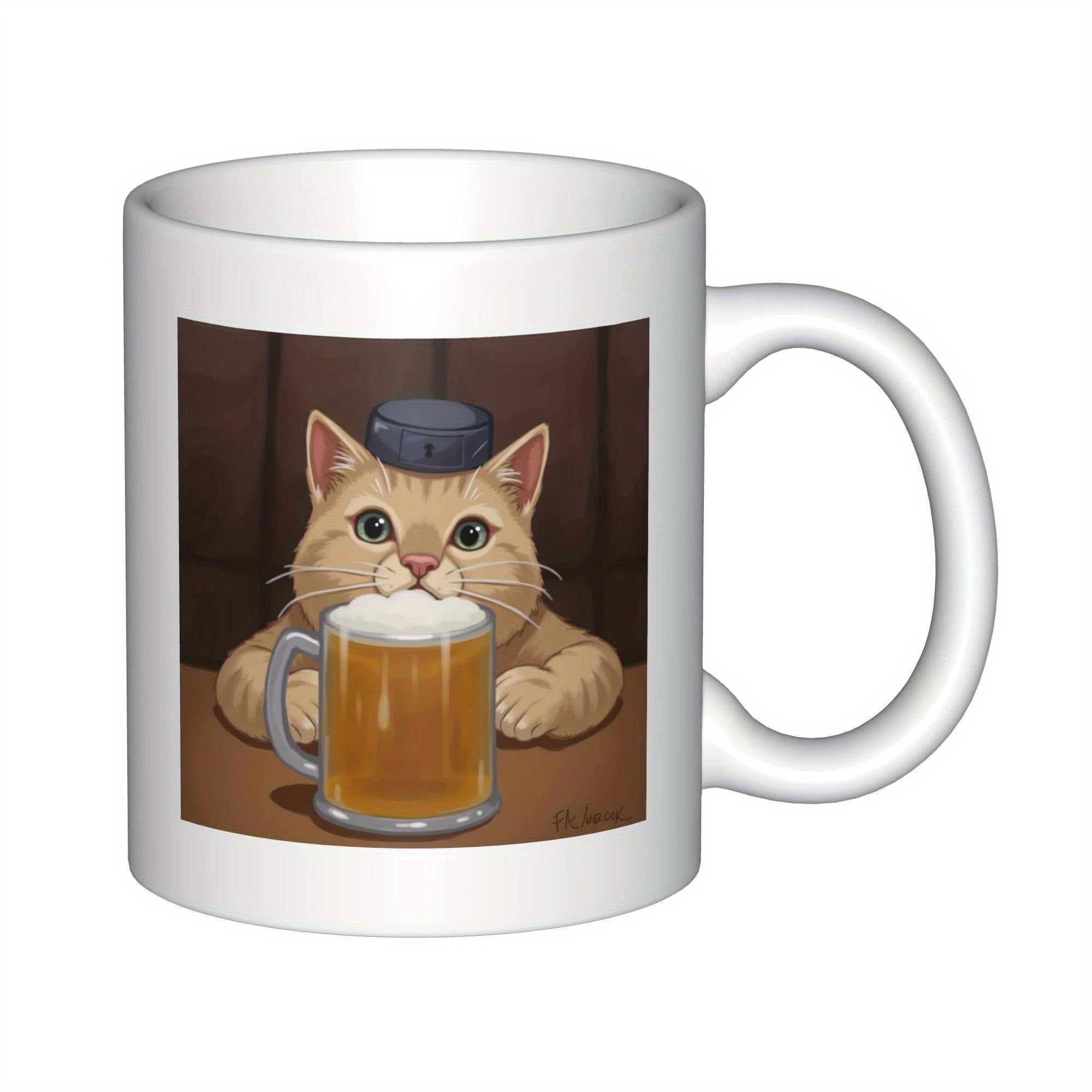 Tailorly White Ceramic 11 oz Mug - Adorable Orange Tabby Wearing Blue Beret Sitting Behind Foamy Beer Mug Cat