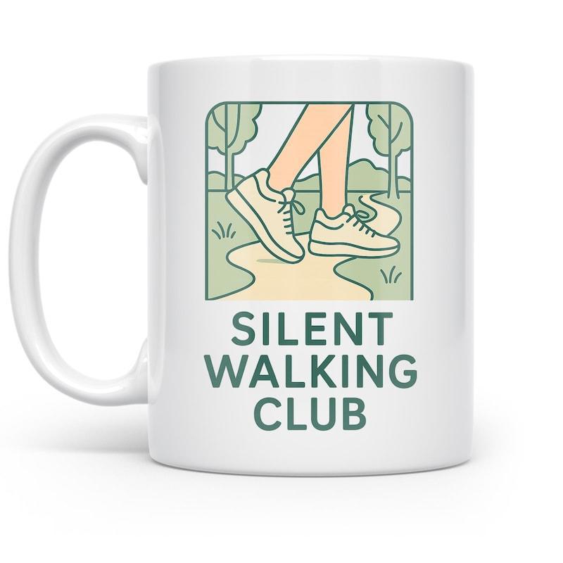 Tailorly White Ceramic 11 oz Mug - Silent Walking Club Simple Minimalist Drawing Of Sneakers Walking On Scenic Nature Path Illustration