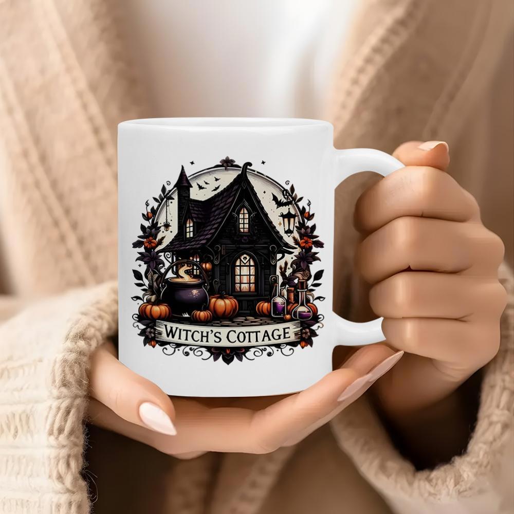 Tailorly White Ceramic 11 oz Mug - Witchs Cottage Spooky Dark House Surrounded By Pumpkins And Cauldron Under Moonlit Sky Cottage