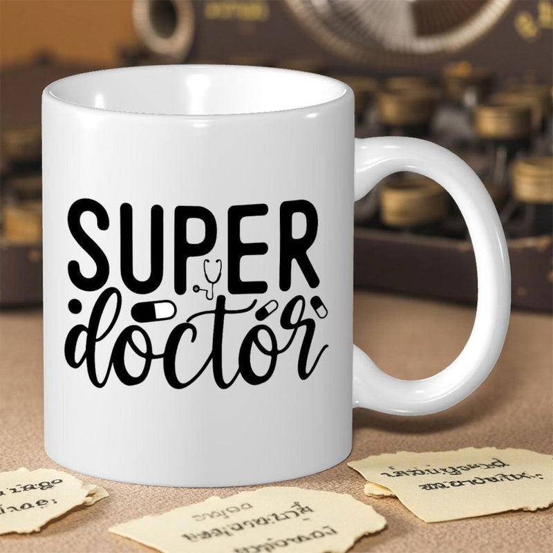 Tailorly White Ceramic 11 oz Mug - Super Doctor Professional Medical Themed Design Featuring Stethoscope And Small Medicine Pills Typography