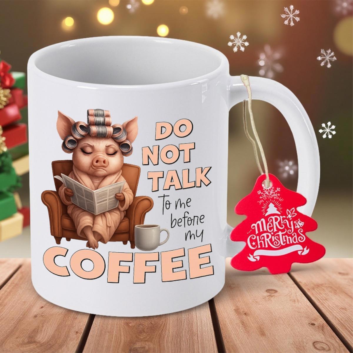 Tailorly White Ceramic 11 oz Mug - Do Not Talk To Me Before My Coffee Relaxed Cartoon Character Reading Newspaper Resting In Armchair Pig