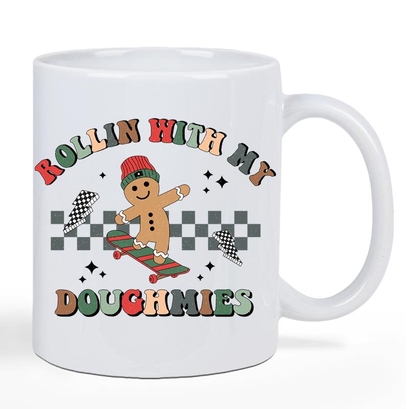 Tailorly White Ceramic 11 oz Mug - Rollin With My Doughmies Cool Gingerbread Man Wearing Red Beanie Riding Skateboard Over Checkered Background Gingerbread Man