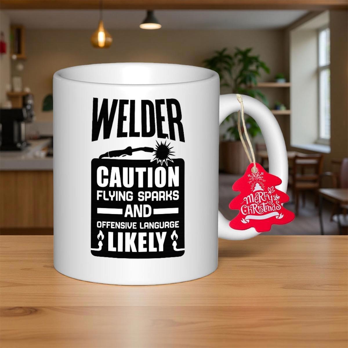 Tailorly White Ceramic 11 oz Mug - Welder Caution Flying Sparks And Offensive Language Likely Industrial Welding Helmet Silhouette Featuring A Torch With Flying