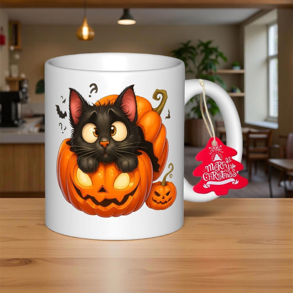 Tailorly White Ceramic 11 oz Mug - Merry Christmas Adorable Black Kitten Sitting Inside A Glowing Carved Spooky Halloween Pumpkin Cat