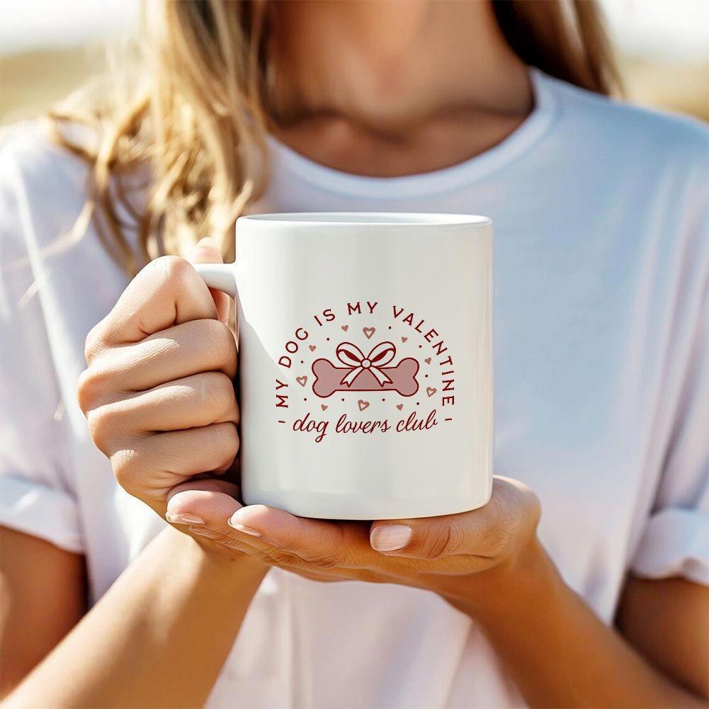 Tailorly White Ceramic 11 oz Mug - My Dog Is My Valentine Dog Lovers Club Sweet Decorative Treat With Ribbons And Floating Little Heart Elements Bone