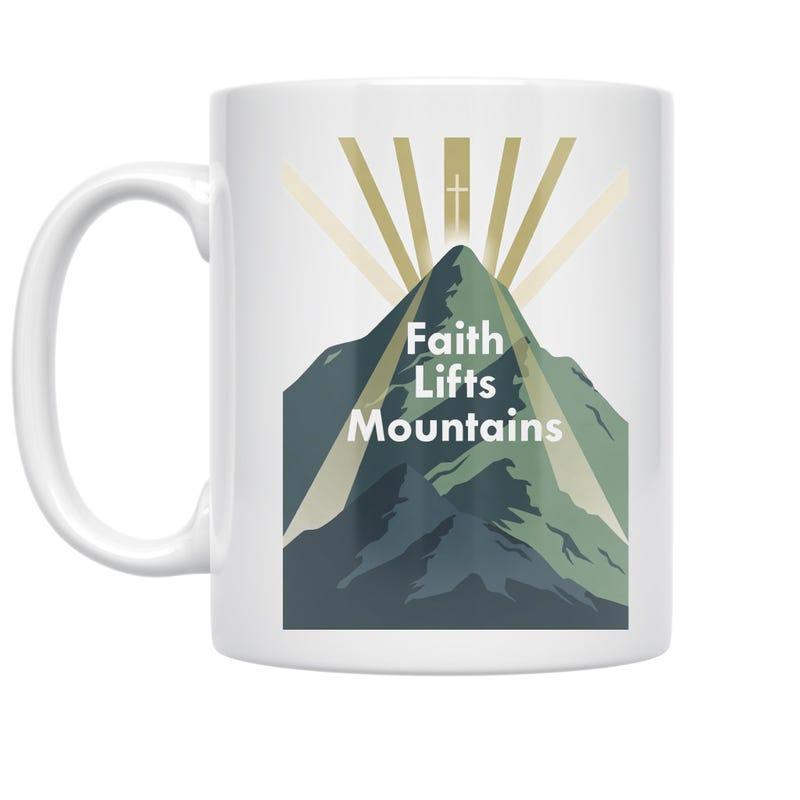 Tailorly White Ceramic 11 oz Mug - Faith Lifts Mountains Majestic Peaks With Radiant Golden Sun Rays Shining Over Serene Mountain