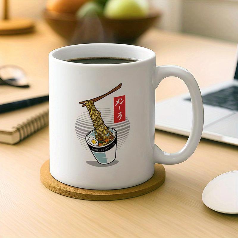Tailorly White Ceramic 11 oz Mug - Japanese Style Noodle Bowl With Floating Chopsticks And Red Seal Ramen