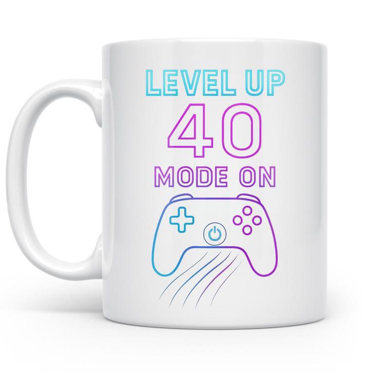 Tailorly White Ceramic 11 oz Mug - Level Up 40 Mode On Glowing Neon Gradient Outline With Flowing Motion Lines Beneath Controller