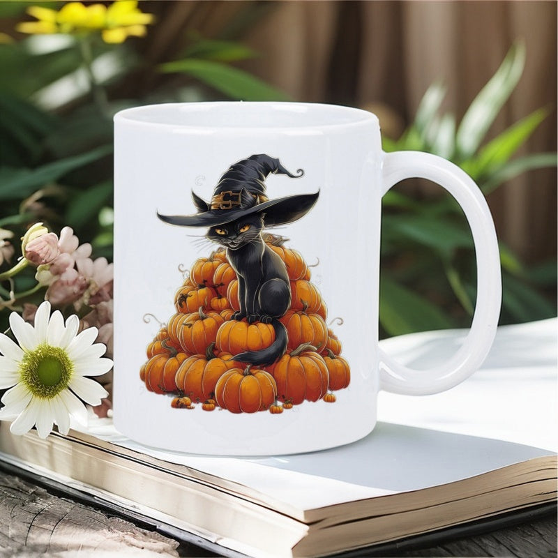 Tailorly White Ceramic 11 oz Mug - Mysterious Black Cat Wearing Witch Hat Perched Atop Festive Autumn Pumpkins Cat