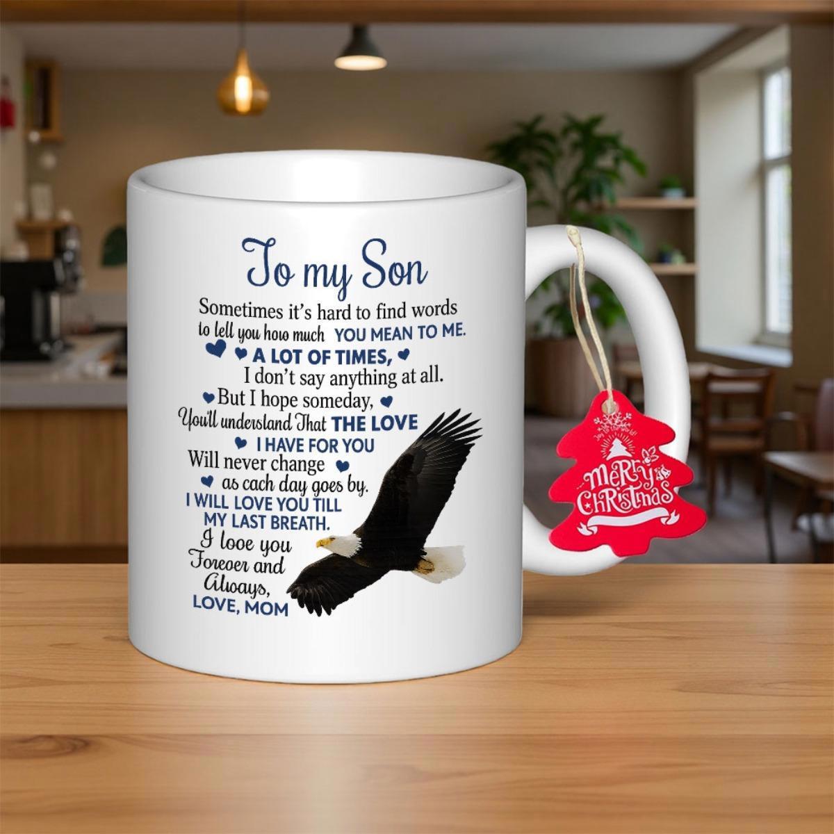Tailorly White Ceramic 11 oz Mug - To My Son Love Mom Majestic Bald Eagle With Spread Wings Soaring Through The Clear Sky Eagle
