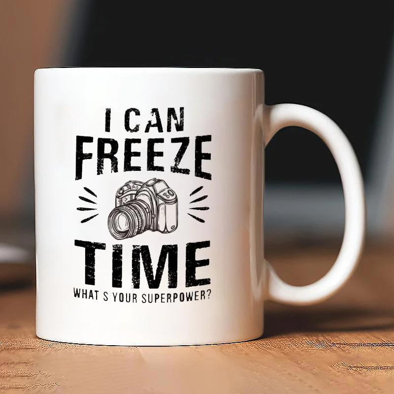 Tailorly White Ceramic 11 oz Mug - I Can Freeze Time Whats Your Superpower Minimalist Black Ink Sketch Illustrating Classic Digital Photography Gear Professional