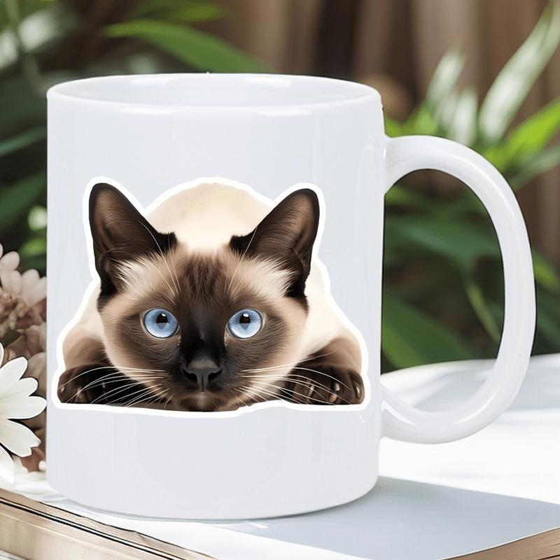 Tailorly White Ceramic 11 oz Mug - Curious Siamese Feline With Piercing Blue Eyes Peering Forward Majestic Cat