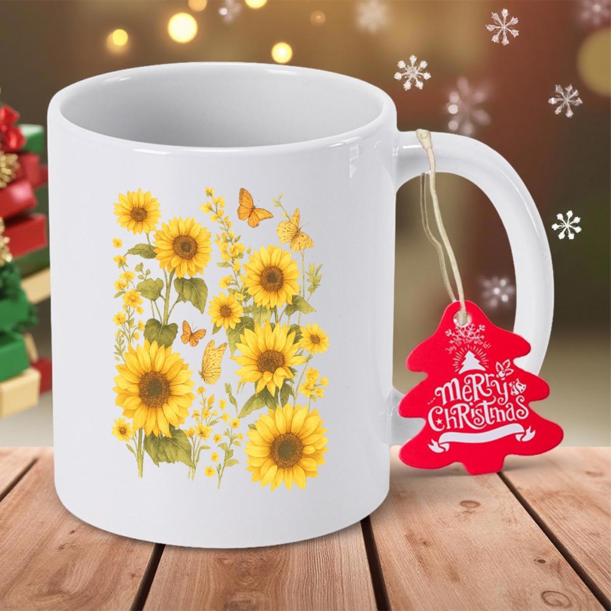 Tailorly White Ceramic 11 oz Mug - Vibrant Yellow Sunflowers With Dancing Butterflies Among Green Leaves Sunflower